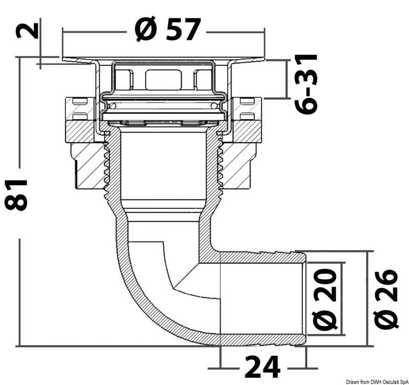 Evacuation coudé 90° cockpit au ras avec tête AISI 316